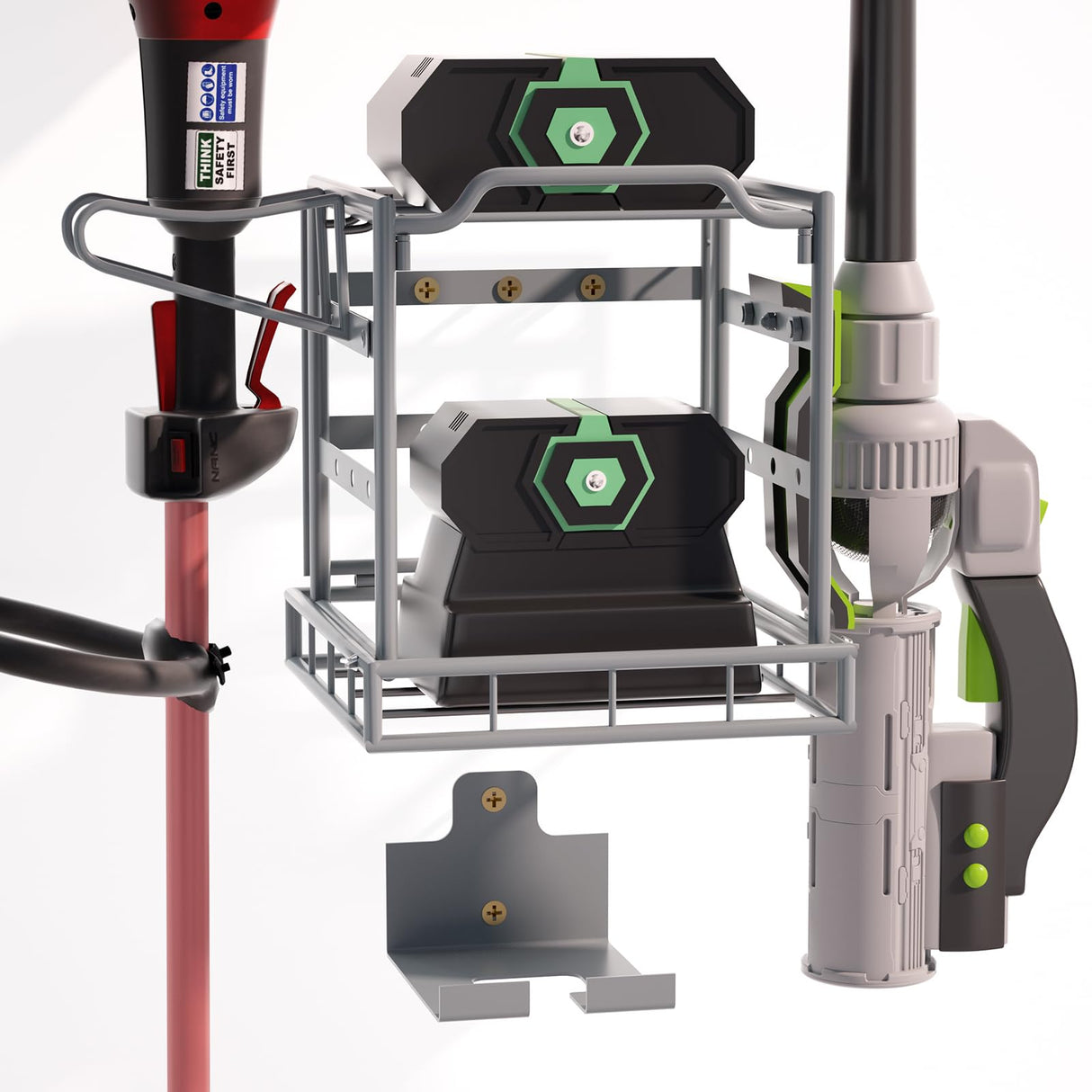 Power Tool Organizer Wall Mount, Lawn Tool Storage Rack for Leaf Blower, Weed Eater, Battery, Charger - Yard Tool Storage Organizer with Storage Hook for Hanging Basement Garage Trimmer/Tool(Gray) Jolensoy