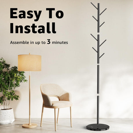 HzTinT Coat Rack with Natural Marble Base, Metal Freestanding Coat Rack with 8 Hooks, 3 Adjustable Size Sturdy Coat Tree for Bags, Coats, and Hats for Entryway, Hallway, Bedroom, Office, Black HzTinT