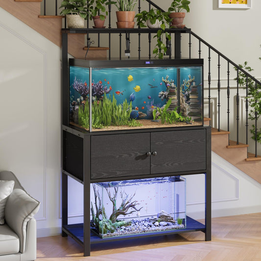 Fienveorn 40-50 Gallon Fish Tank Stand with LED Light Power Outlets,Heavy Duty Metal Aquarium Stand with Storage Shelf and Moveable Hooks,Turtle Reptile Terrariums Stand,Black