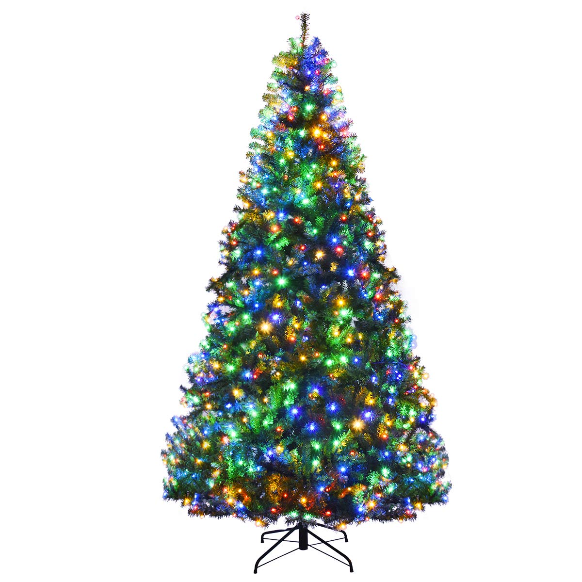 Goplus 8FT Pre-Lit Artificial Christmas Tree Auto-Spread/Close up Branches 11 Flash Modes with Multicolored 750 LED Lights & Metal Stand