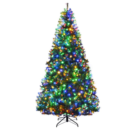 Goplus 8FT Pre-Lit Artificial Christmas Tree Auto-Spread/Close up Branches 11 Flash Modes with Multicolored 750 LED Lights & Metal Stand