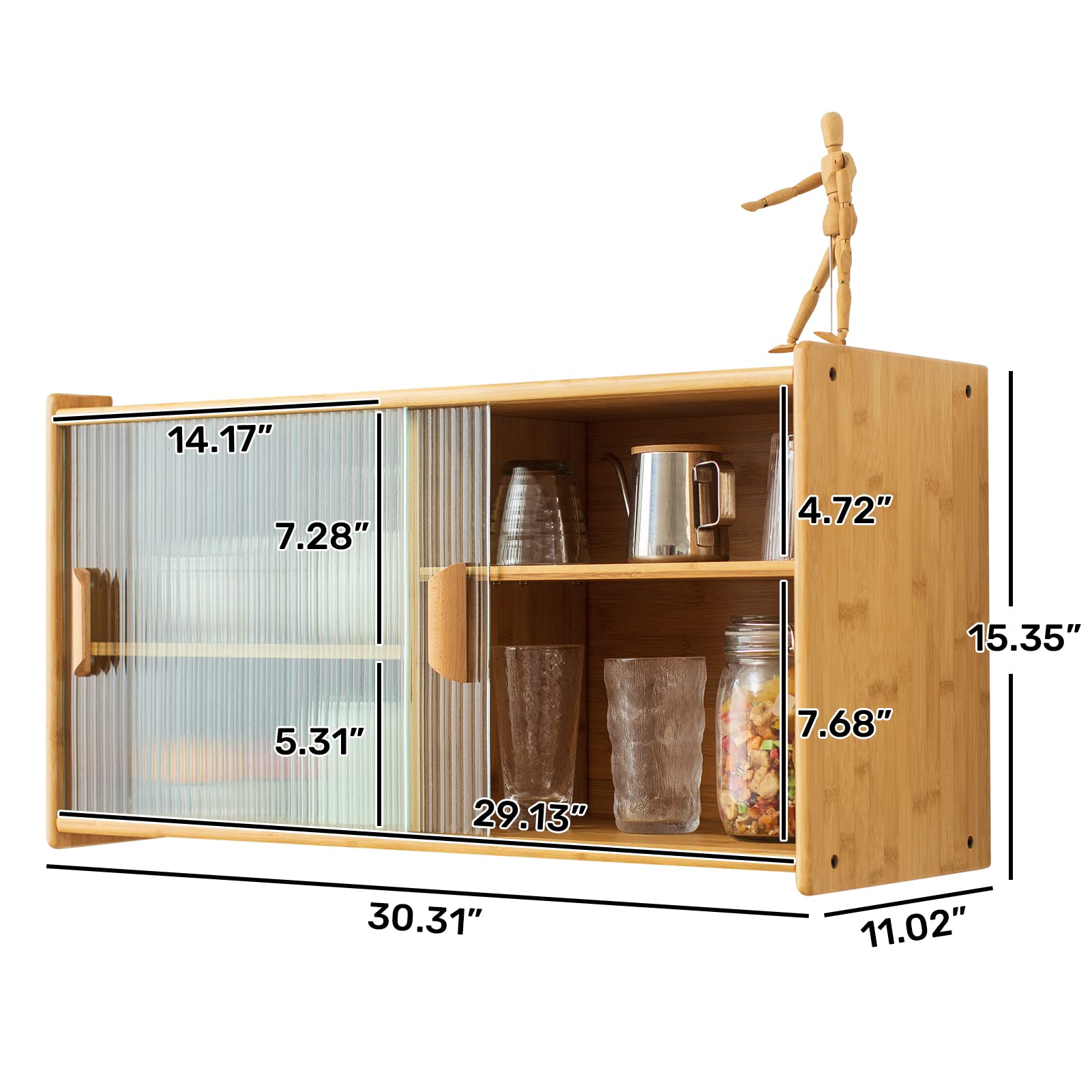 HollyHOME Burlywood Bamboo Wall-Mounted Kitchen Pantry with Sliding Glass Doors and Ample Storage - WoodArtSupply