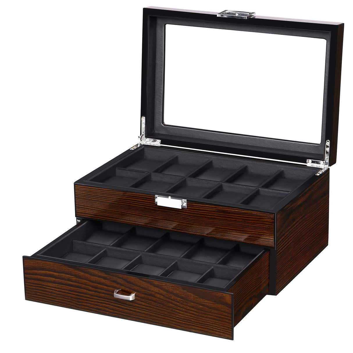 BEWISHOME Watch Box, 20 Slots Watch Case for Men - Luxury Watch Organizer with Glass Top,Smooth Faux Leather Interior, Brown SSH04Y BEWISHOME