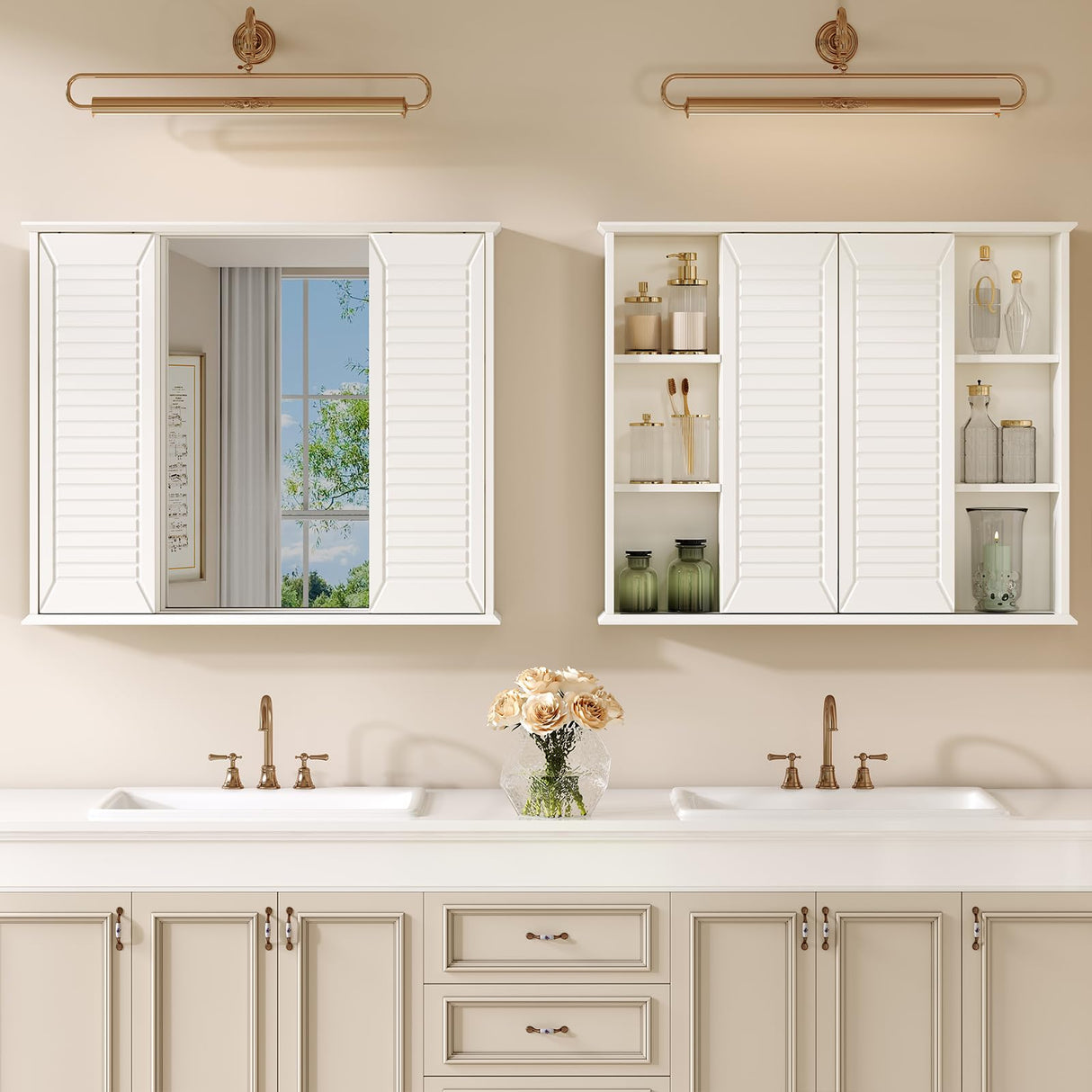 FFBCFDK Bathroom Medicine Cabinet Mirror 28.3 x 23.8 inch Bathroom Mirror with Storage Wall Mounted Medicine Mirror Cabinet Wood Organizer with 2 Door Surface Mount Farmhouse Storage Cabinet FFBCFDK