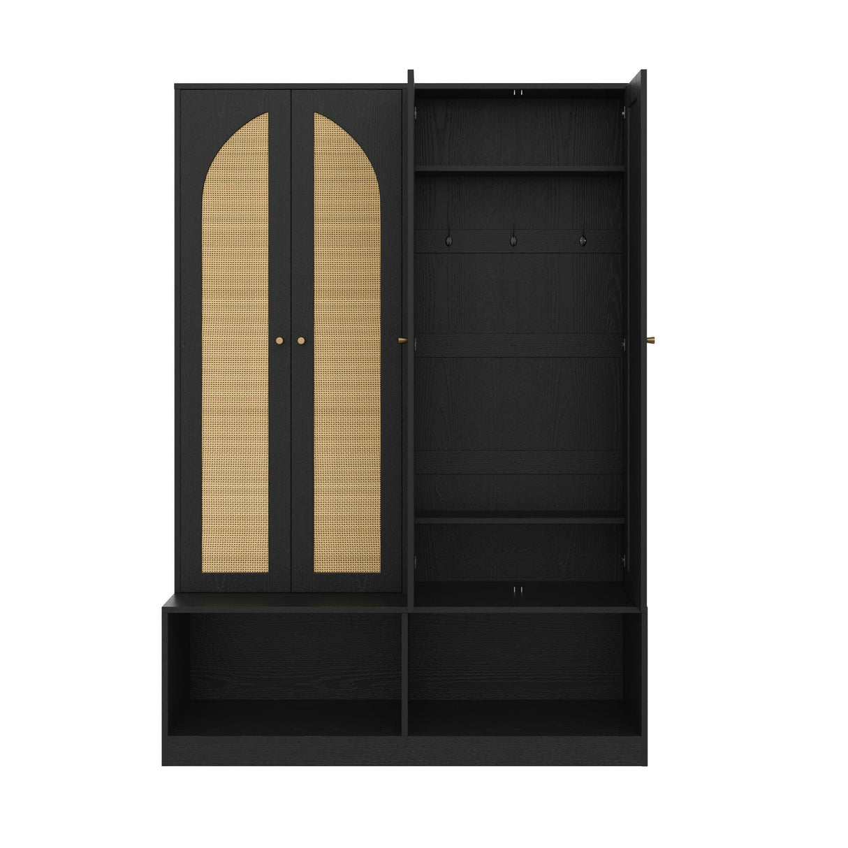 LUMISOL Farmhouse Widen Hall Tree with 4 Rattan Doors for Entryway, 4-in-1 Seating Bench with 6 Hidden Hooks, 78.7”H Entryway Shoe Cabinet with Open Bottom Compartments and Adjustable Shelf, Black LUMISOL