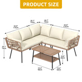 DWVO Outdoor Sectional Sofa Set 4 Piece 5-Seater Rattan Patio Furniture Set with 2-Tier Coffee Table&Cushions L Shape Outdoor Couch Boho Conversation Set for Garden Porch Backyard Relaxation DWVO