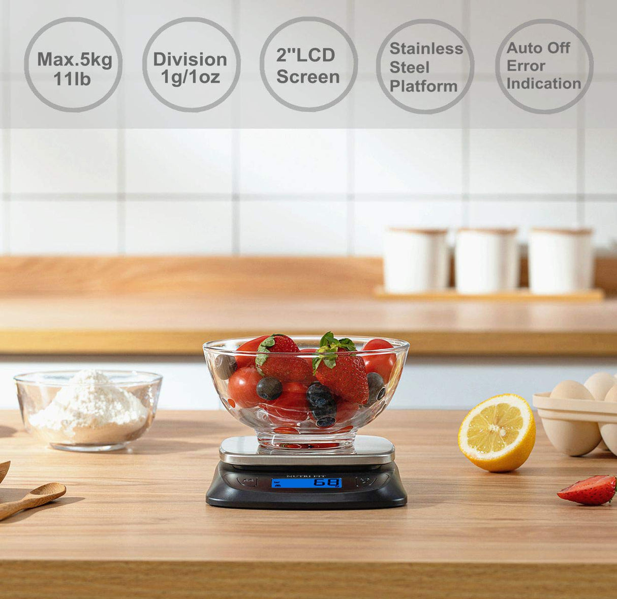NUTRI FIT Ultra Slim Kitchen Scale Digital Food Weight Scale for Baking Cooking in Grams and Ounces Tare & Backlit LCD Display 11lb 5kg Capacity- Black/Stainless Steel NUTRI FIT
