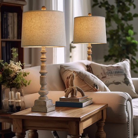 Oneach 27.75" Vintage Farmhouse USB Table Lamps Set of 2 for Living Room Bedroom Traditional Bedside Nightstand Lamp with Dual USB Port Resin Table Lamp with Rotary Switch for Living Room Bedroom Oneach