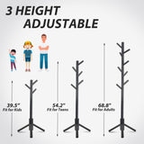 Unisakey Durable Wooden Coat Rack Stand(New Black), Freestanding Coat Rack with Stable Triangular Base, 8 Hooks & 3 Adjustable Heights, Simple Assembly for Bedroom, Hallway, Office Unisakey