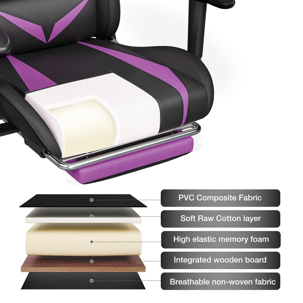 HOFFREE Gaming Chair with Bluetooth Speakers and Led Lights Massage Vide Game Chairs with Footrest Reclining Computer Gamer Chair Purple and Black HOFFREE