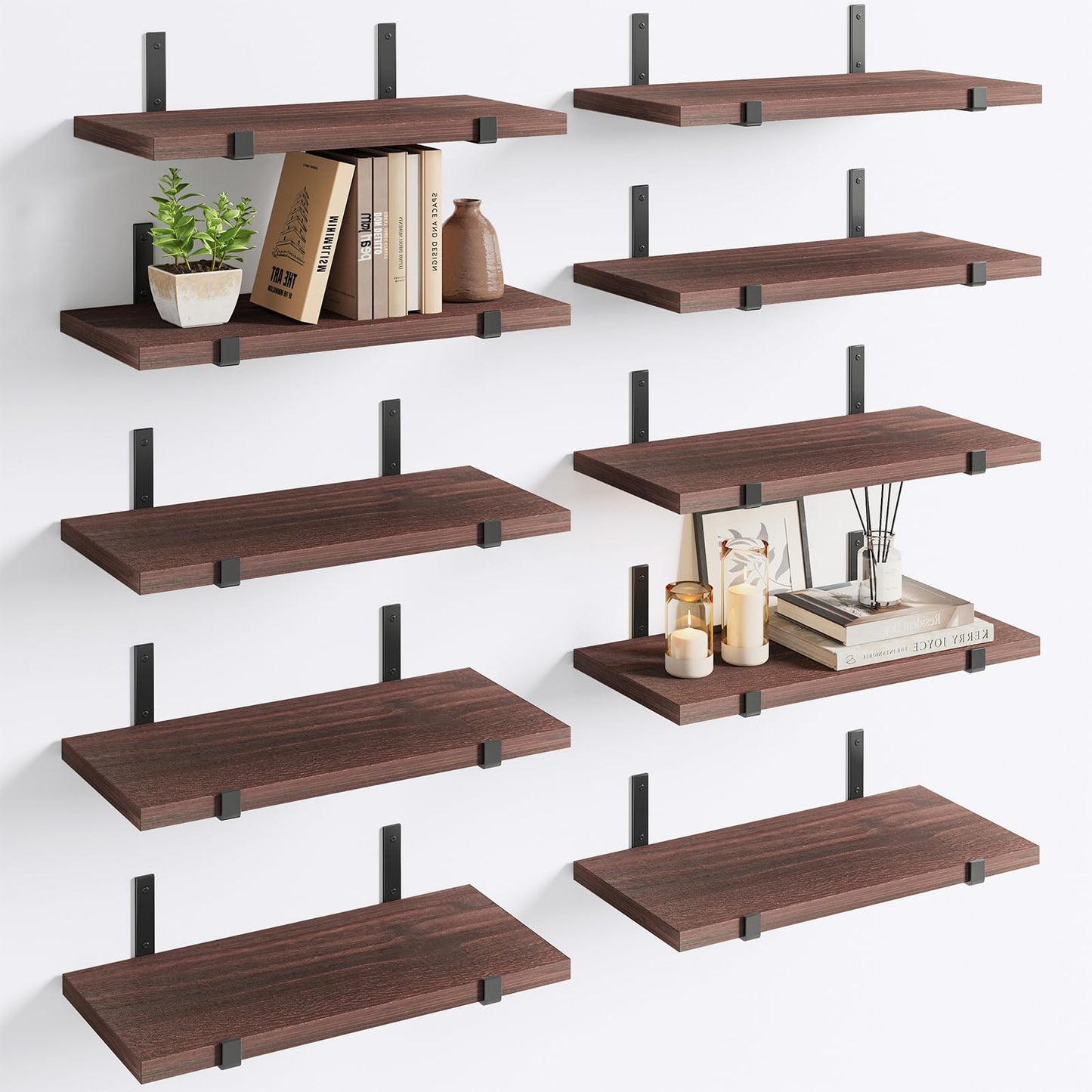 Fixwal Floating Shelves, Set of 10, Rustic Wood Wall Decor, Farmhouse Wall Mounted Shelves for Bedroom, Living Room, Kitchen and Bathroom (Walnut Brown) - WoodArtSupply