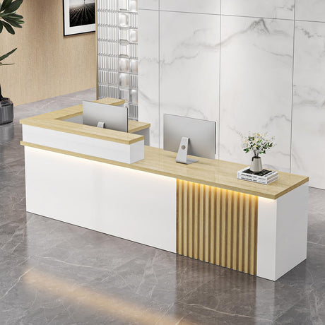 Front Desk Reception Counter，L Shaped Modern Reception Desk Commercial Checkout Counter with Lockable Drawer & LED Lights for Salon Office Lobby Barbershop Store Generic