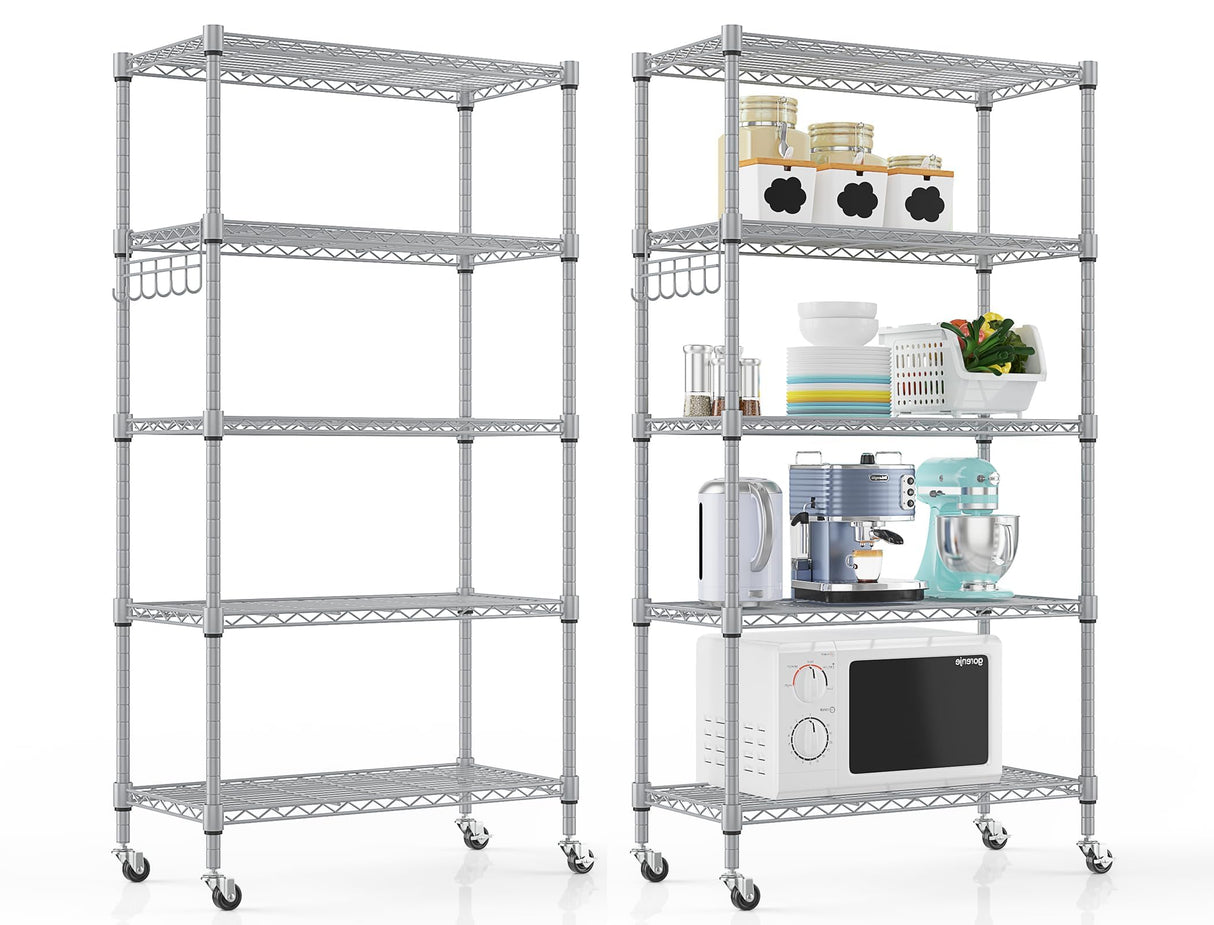 Himimi 5-Tier Storage Shelf Wire Shelving Unit on Wheels, Adjustable Heavy Duty Metal Shelves with Side Hooks, Steel Rack Organization for Kitchen Garage Basement, Silver Himimi