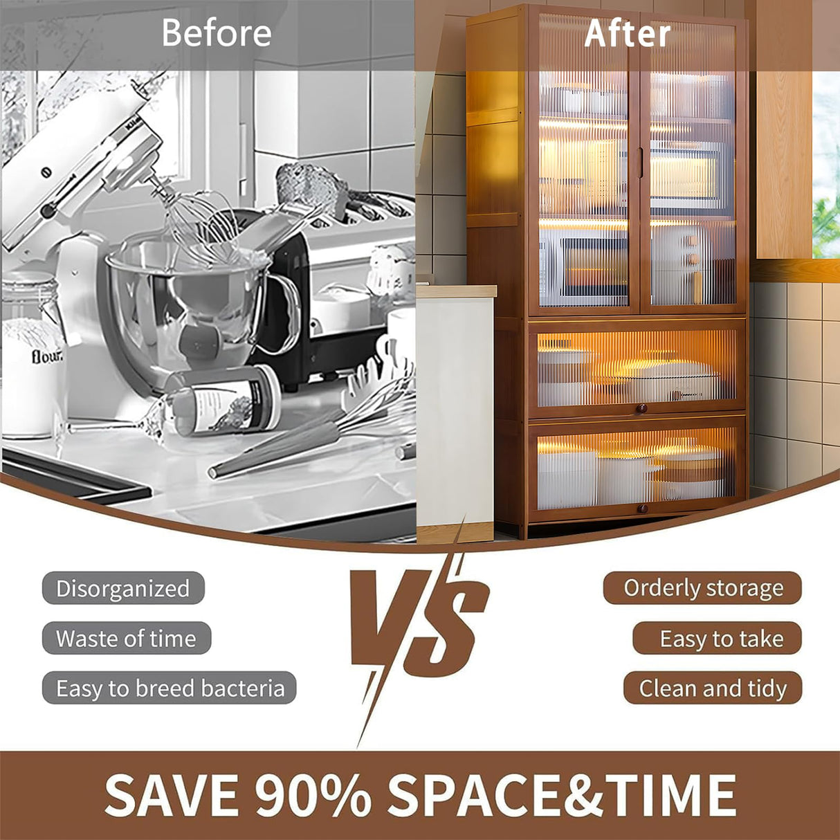 Premium 67" Bamboo Kitchen Storage Buffet with Acrylic Doors & Versatile Shelves TVMCNA