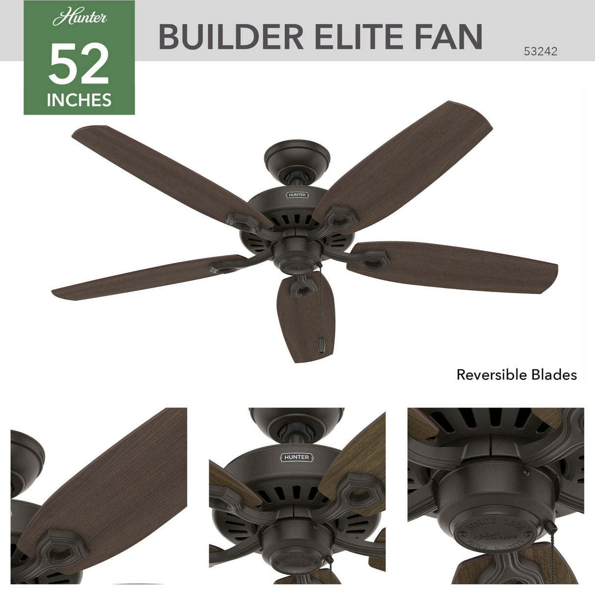 Hunter Fan Company Fan Builder Elite Indoor Ceiling Fan with Pull Chain Control, Metal, New Bronze Finish, 52 Inch Hunter
