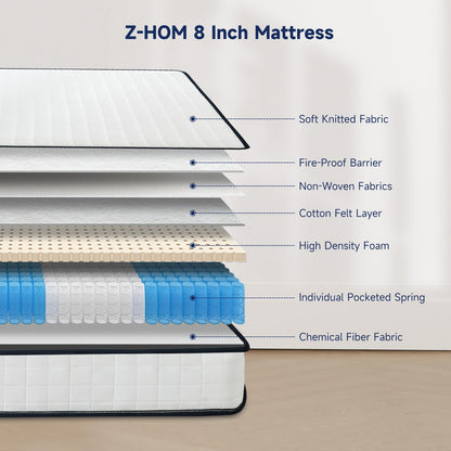 Z-hom Queen Mattress 8 Inch, Queen Size Mattresses Hybrid Innerspring Mattress in a Box, Queen Foam Spring Mattress with Motion Isolation & Pressure Relief for Queen Bed Frames, Medium Soft, White