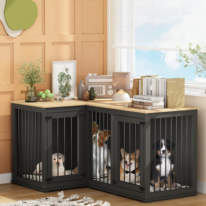 Lovinouse Corner Dog Crate Furniture for 2 Dogs, Indoor Wooden Furniture Style Heavy Duty Large Dog Kennel House with Double Rooms & Divider for Large & Medium Dogs, Black - WoodArtSupply