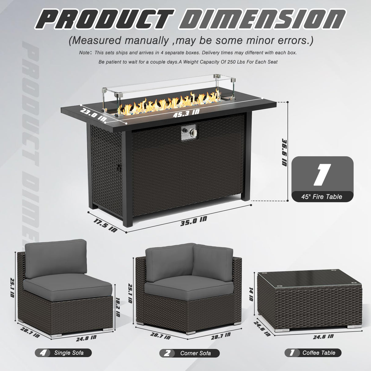 SUNCROWN 7-Piece Outdoor Patio Furniture Sofa Set All-Weather Wicker Sectional Conversation Set with Modern Glass Coffee Table, Cushions and Fire Pit Table (Grey) SUNCROWN