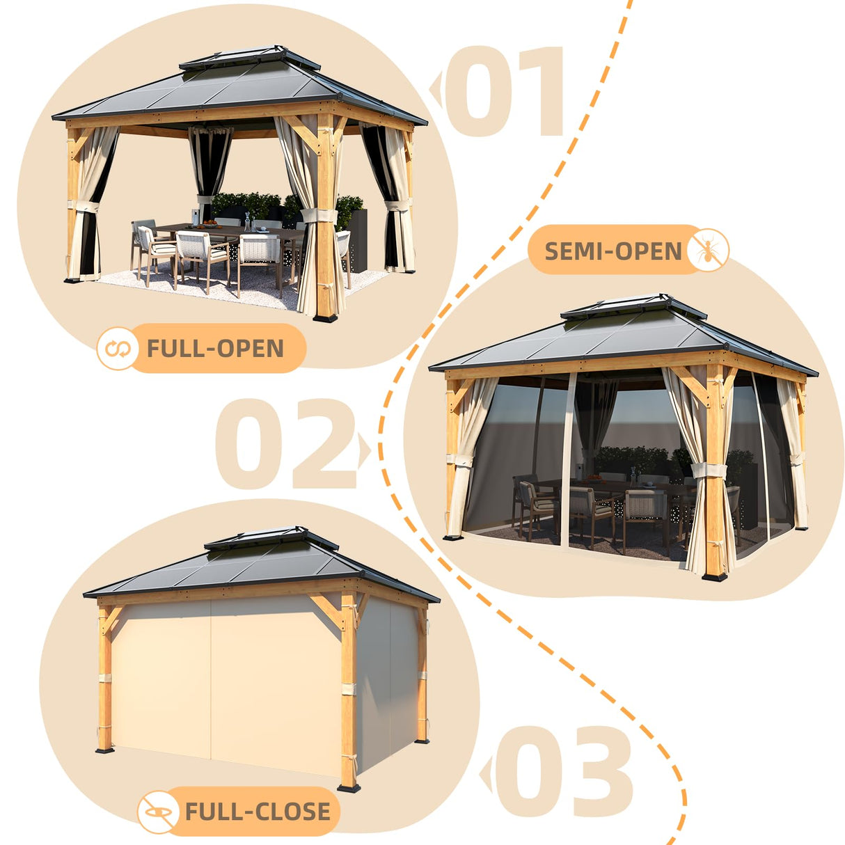YOLENY 11'x 13' Hardtop Gazebo, Wood Outdoor Gazebo, Polycarbonate Double Roof, Netting and Curtains, Patio Gazebo for Decks, Backyards, Lawns and Gardens YOLENY
