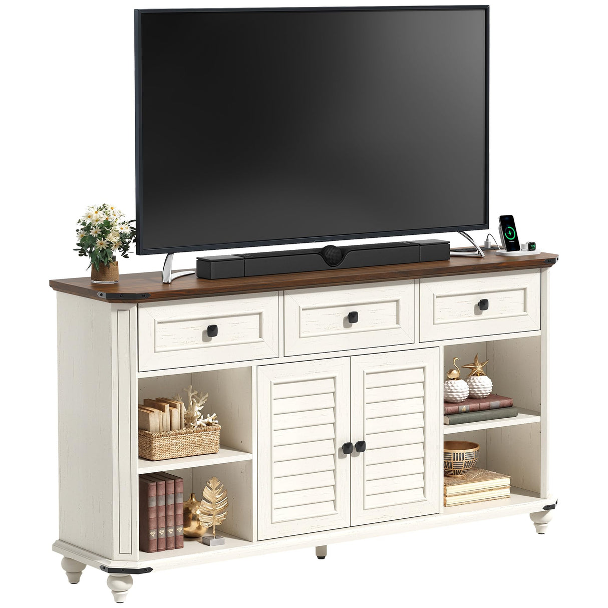 DWVO Farmhouse TV Stand for 65 Inch TV, 31.5" Tall Entertainment Center w/3 Drawers & Shutter Doors, Rustic Media Console Cabinet w/Storage Shelves, Wood Television Stand for Living Room, Rustic White DWVO
