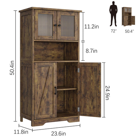IDEALHOUSE Rustic Brown Freestanding Storage Cabinet with Glass Doors and Adjustable Shelves IDEALHOUSE