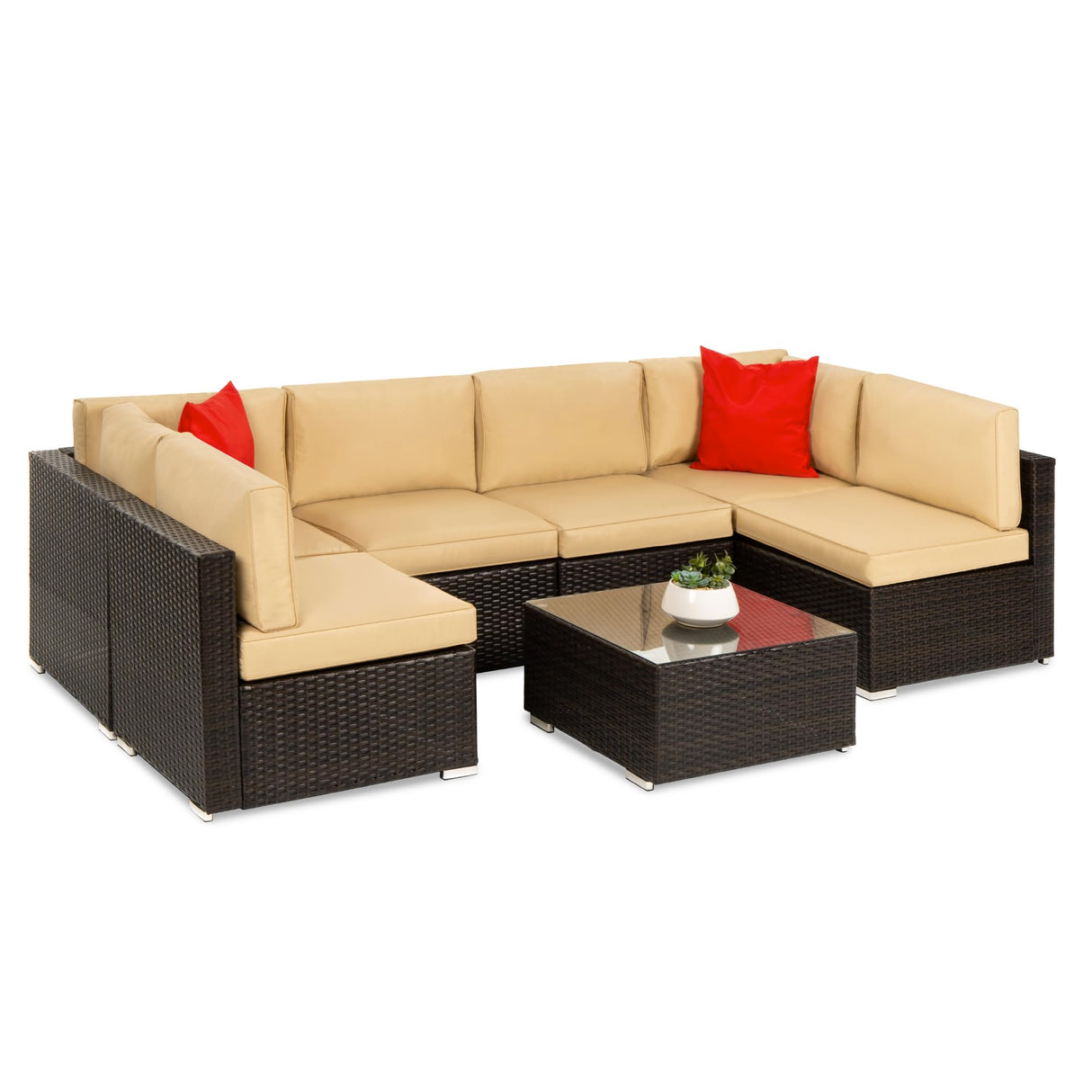 Best Choice Products 7-Piece Modular Outdoor Sectional Wicker Patio Conversation Set w/ 2 Pillows, Coffee Table, Cover Included - Brown/Tan Best Choice Products