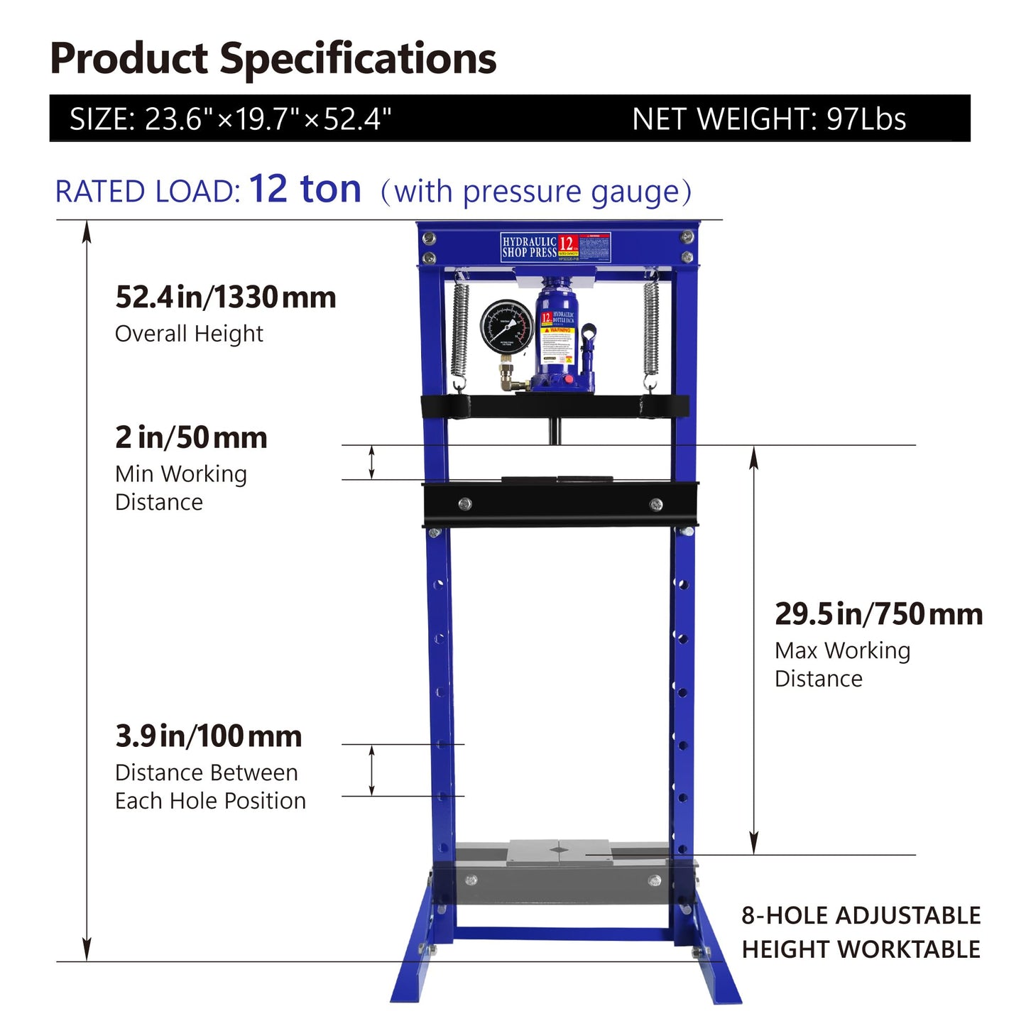 Tzou Hydraulic Press, 12 Ton Shop Press H-Frame Garage Floor Hydraulic Shop Press with Adjustable Working Table Heigh, Plates - WoodArtSupply