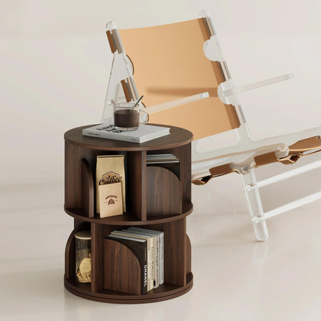 YOWOS Rotating Bookshelf, Small Corner Bookshelf for Small Space, 360 Display Floor Standing Bookcase Storage Rack, Wood Narrow Book Shelf Organizer for Bedroom, Living Room (Walnut, 2 Tiers) YOWOS