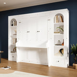 Hlcodca French Style Queen Size Murphy Bed with LED Lights & Storage Shelves - Wall Bed with Bookshelves, Drawers and Desk Space (White2) Hlcodca