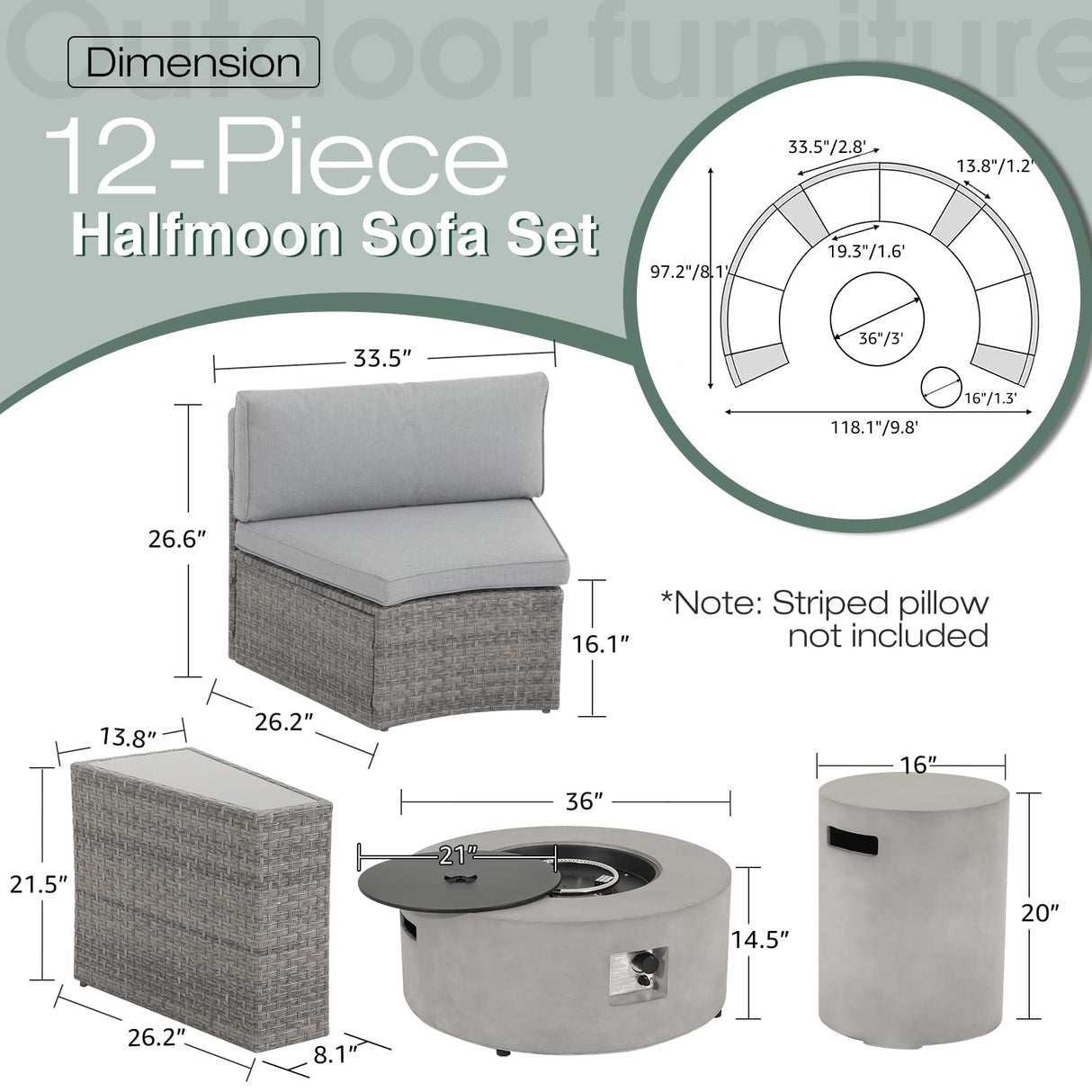 SUNSITT 12 Piece Patio Furniture Set with Propane Fire Pit Half-Moon Patio Set Outdoor Round Sectional Sofa with 36" Grey Gas Fire Table & Tank Holder, Grey Rattan SUNSITT