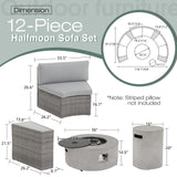 SUNSITT 12 Piece Patio Furniture Set with Propane Fire Pit Half-Moon Patio Set Outdoor Round Sectional Sofa with 36" Grey Gas Fire Table & Tank Holder, Grey Rattan SUNSITT