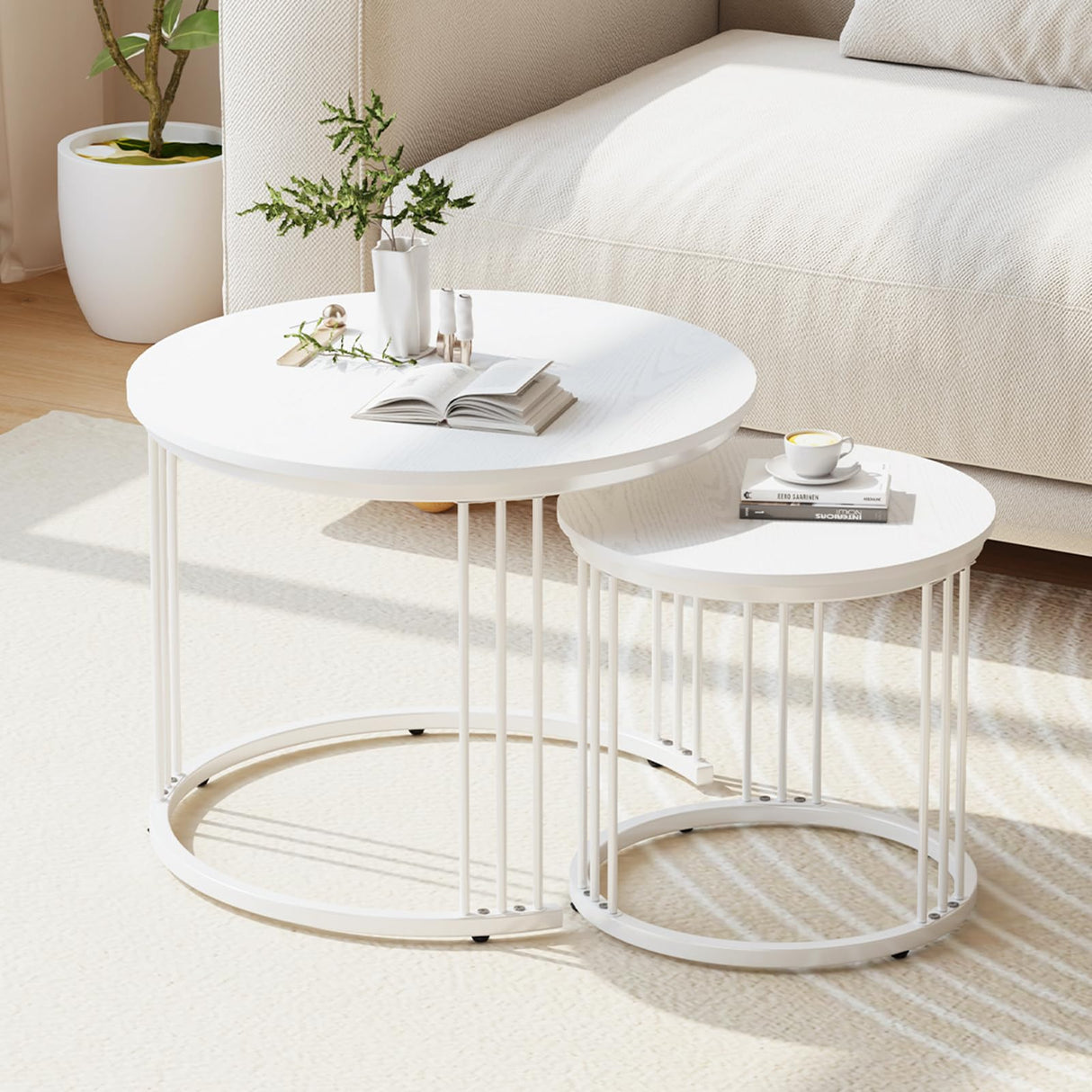 Garden 4 you Nesting Coffee Table, 23.6" Round Coffee Table Set of 2, Wooden Nesting Table with Metal Frame, Ceter Tables for Living Room Bedroom Balcony, White Garden 4 you