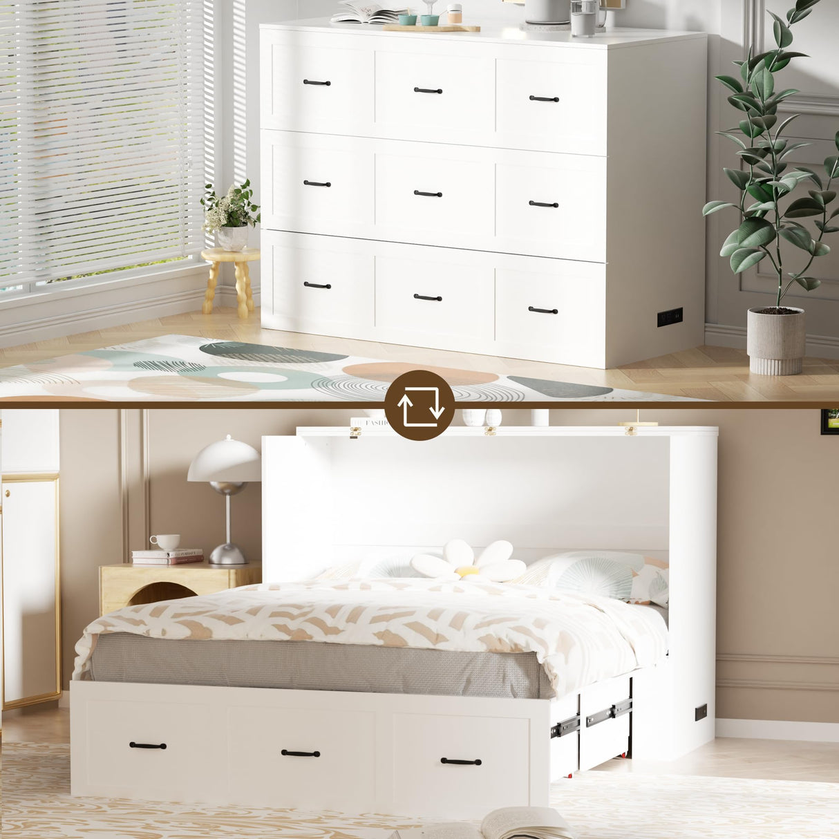 Full Size Murphy Bed with Charging Station and Drawer Farmhouse Cabinet Bed Wood Space-Saving Hidden Folding Platform Bed Chest for Home Office Bedroom Guest Room Apartment,White NEBZHASK