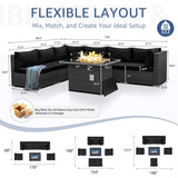 NICESOUL 7 Piece Outdoor Furniture Set with Fire Pit Table Natural Gas & Propane Convertible, 29.3'' High Back Extra Large Rattan Patio Modular Sectional Conversations, 2 Color Cushion Black & Gray NICESOUL