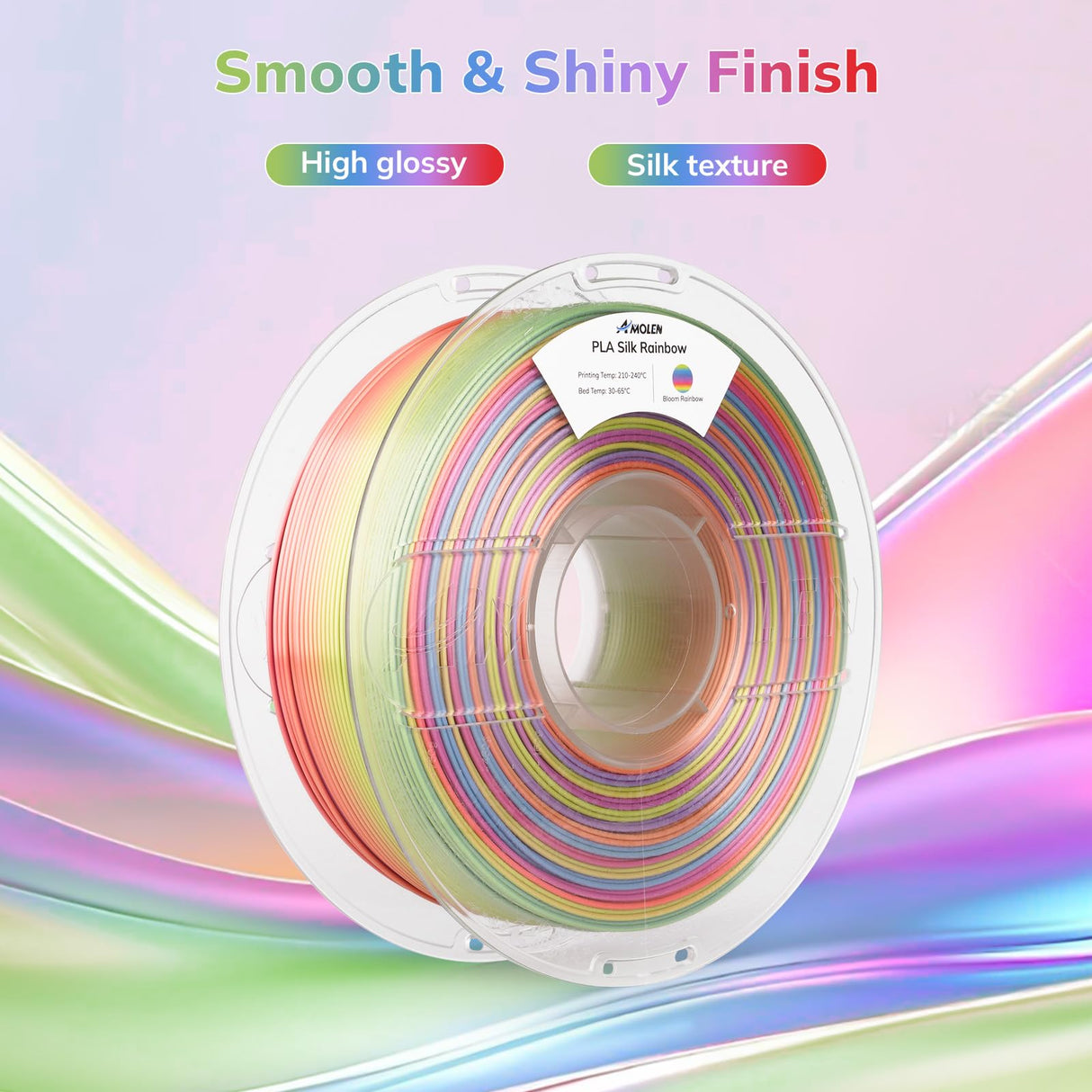 AMOLEN Silk PLA 3D Printer Filament, Shiny Multicolor Rainbow PLA Filament 1.75mm, Gradient Color Change PLA 3D Printing Filament for Most FDM 3D Printer, Pink Blue Purple Green Yellow, 1kg (2.2lbs) AMOLEN