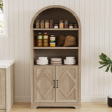 71" Tall Arched Bookcase with Storage, 5 Tier Mid-Century Modern Arched Cabinet with Doors, Farmhouse Wood Kitchen Pantry Cabinet with Open Adjustable Shelves, Bookshelf for Living Dining Room Sunny Heart