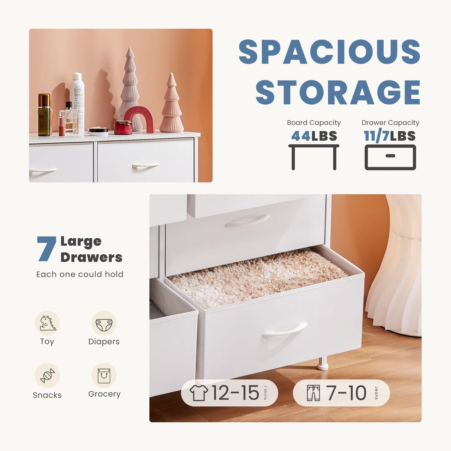 DUMOS Dresser for Bedroom with 7 Fabric Drawers, Chest Organizer Units for Clothing, Closet, Bedroom, Storage Tower with Cabinet, Metal Frame, Wooden Top, Lightweight Nursery Furniture, White DUMOS