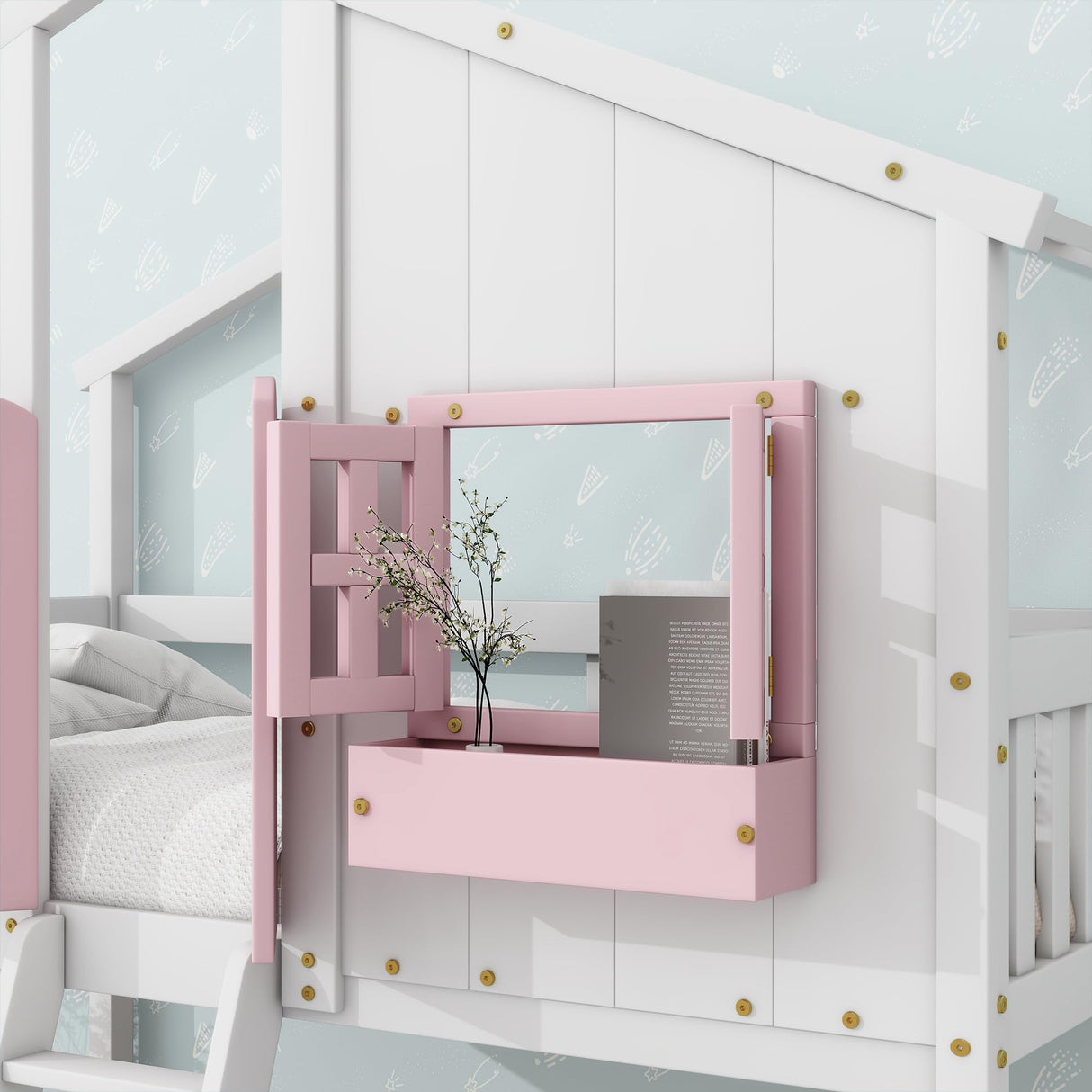 Bellemave Twin Over Twin House Bunk Bed, Wood Bunk Beds with Roof, Windows, Window Box and Small Door, Floor Bunk Beds with Ladder and Guard Rails for Kids (Pink+White) Bellemave