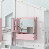 Bellemave Twin Over Twin House Bunk Bed, Wood Bunk Beds with Roof, Windows, Window Box and Small Door, Floor Bunk Beds with Ladder and Guard Rails for Kids (Pink+White) Bellemave