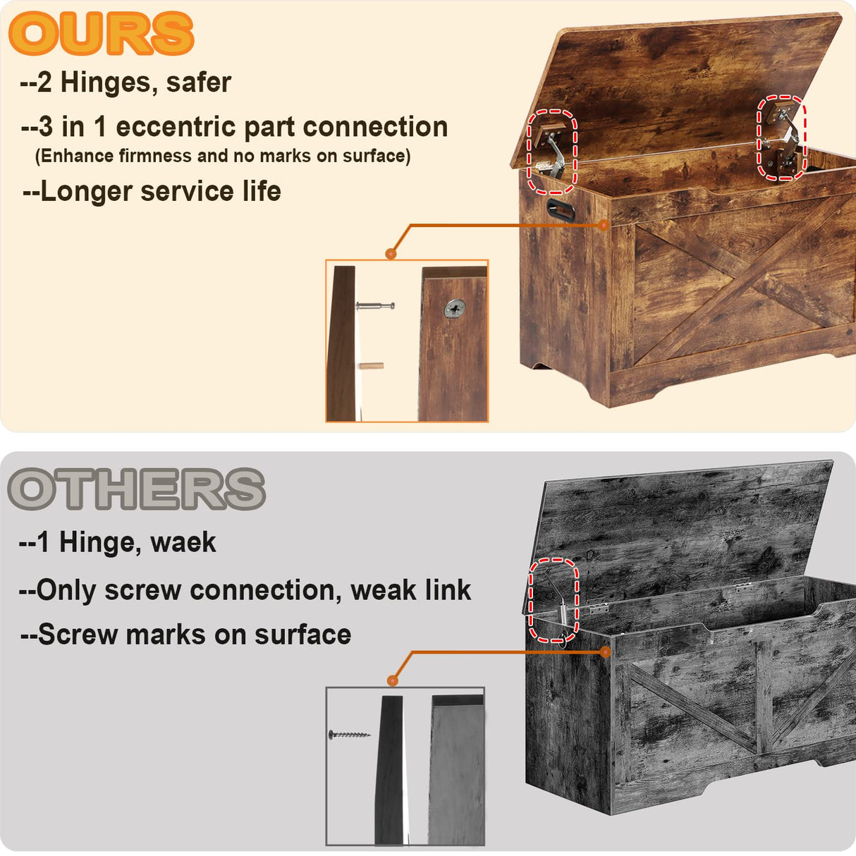 Timberer Storage Chest, Wooden Storage Bench, Entryway Shoes Bench with 2 Safety Hinges, Retro Storage Trunk for Living Room, Bedroom, 15.7 x 31.5 x 18.9 Inches, Rustic Brown Timberer