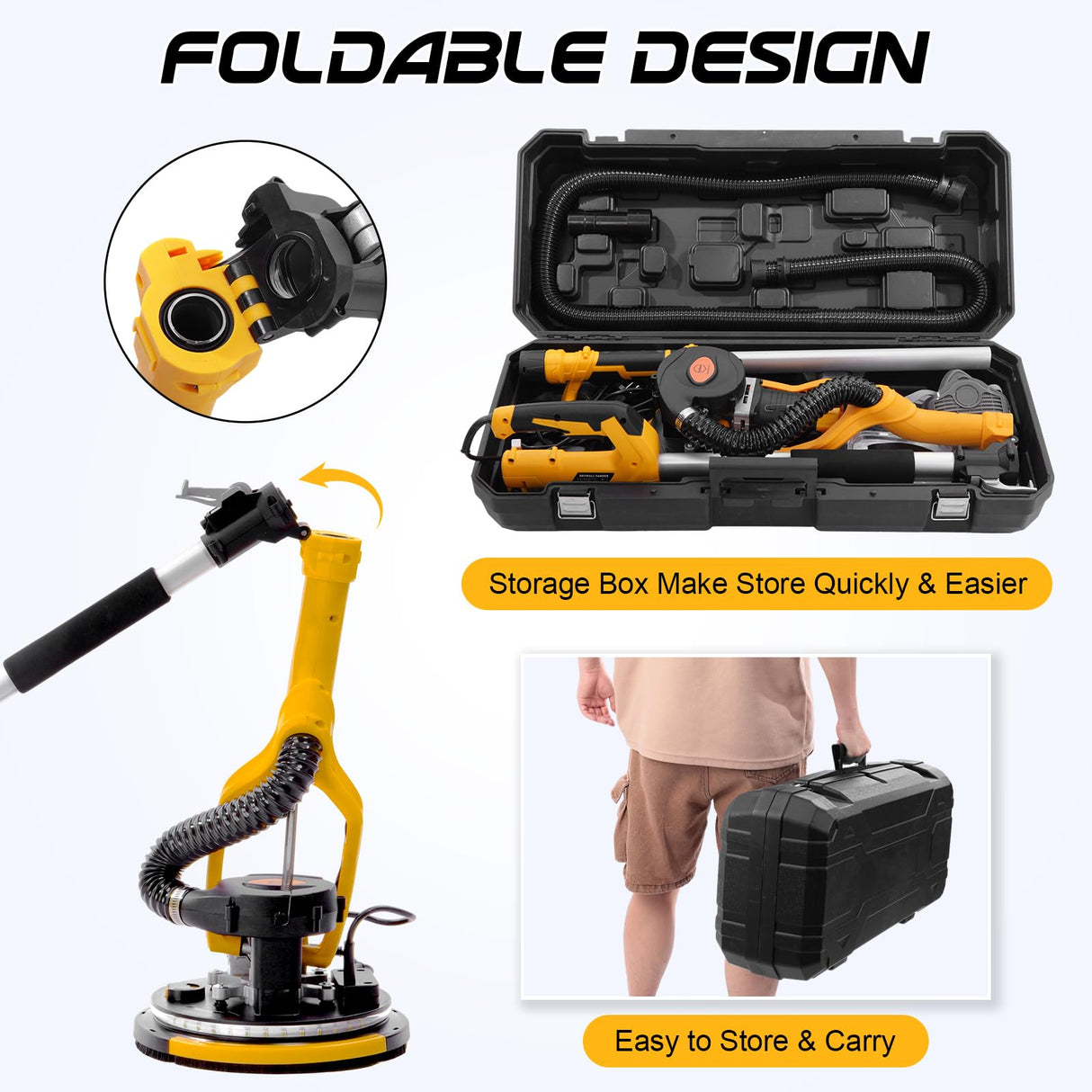 Gyfent Drywall Sander, 880W 7.3-Amp Popcorn Ceiling Removal Tool with 1100-2100RPM 5 Variable Speed 12pcs Sanding Discs Electric Drywall Sander with Vacuum Dust Collector LED Light for Ceiling Sanding Gyfent