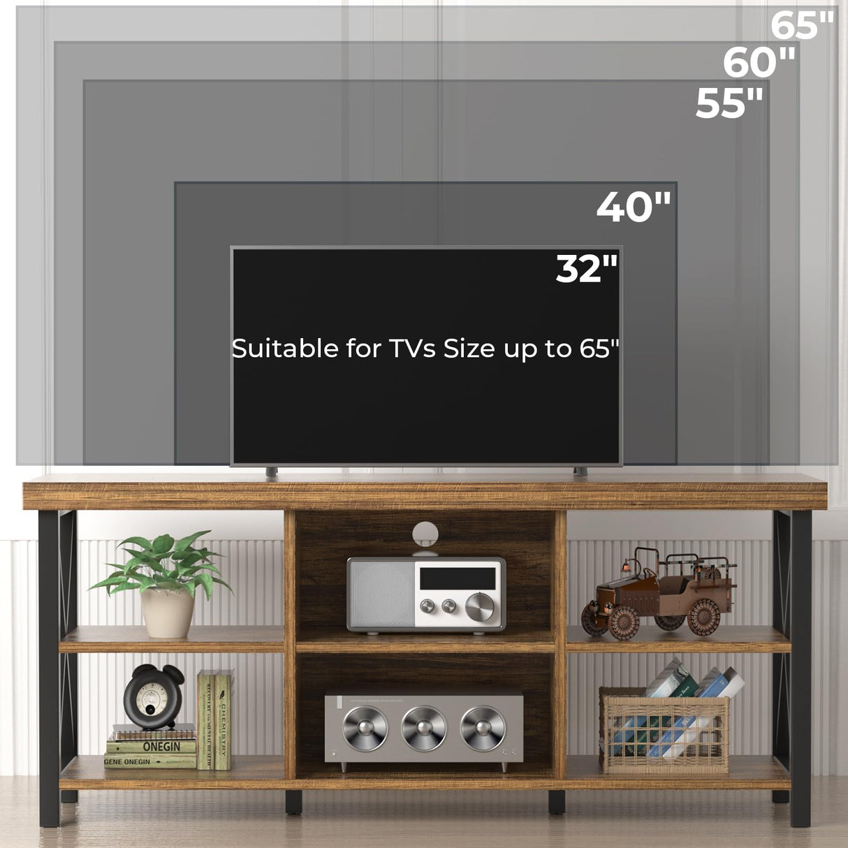 GreenForest TV Stand for TV up to 65 inches, Entertainment Center with 6 Storage Cabinet for Living Room, 55 inch Farmhouse Television Stands Console Table, TV stands for Living Room, Walnut GreenForest