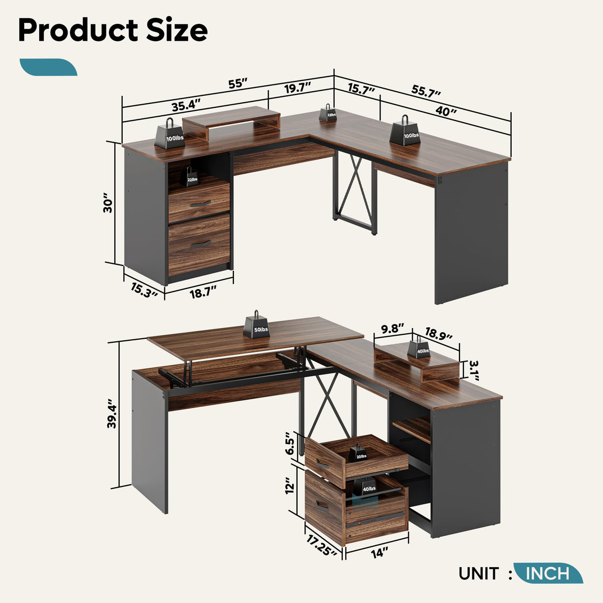 Bestier Lift Top L Shaped Desk with File Drawer, 55'' x 55'' Office Desk with Reversible Storage Drawers, L Shaped Standing Desk with Computer Monitor Stand (Walnut, 55'' x 55'') Bestier