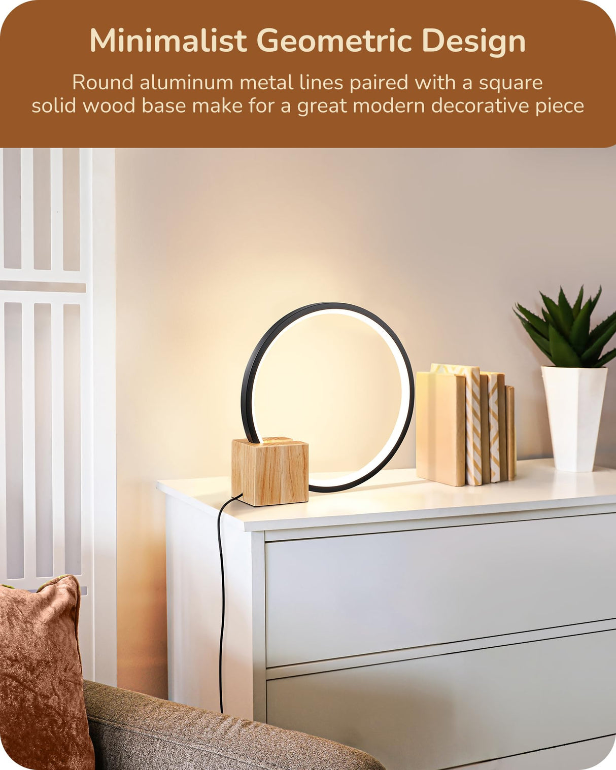 EDISHINE Modern LED Table Lamp, Bedside Lamp with One-Piece Solid Wood Base, 3 Color Temperature & Stepless Dimmable, Nightstand Lamp for Bedroom, Living Room, Reading Room EDISHINE