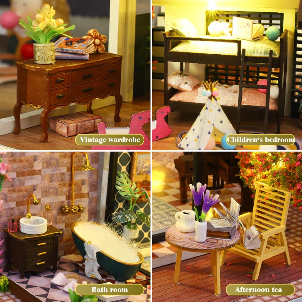 Yuzhen DIY Miniature Dollhouse with Furniture and LED Lights, European Style Villa Wooden Dollhouse Includes Dustcover and Music Movement, Exquisite Home Decor - WoodArtSupply