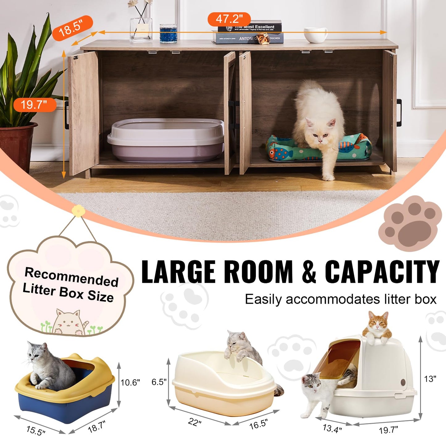 VEVOR Cat Litter Box Enclosure for 2 Cats, Litter Box Furniture Hidden with Double Rooms, Wooden Cat Box Cabinet Fit Most of Litter Box, 47.2" L x 18.5" W x 19.7" H, Greige