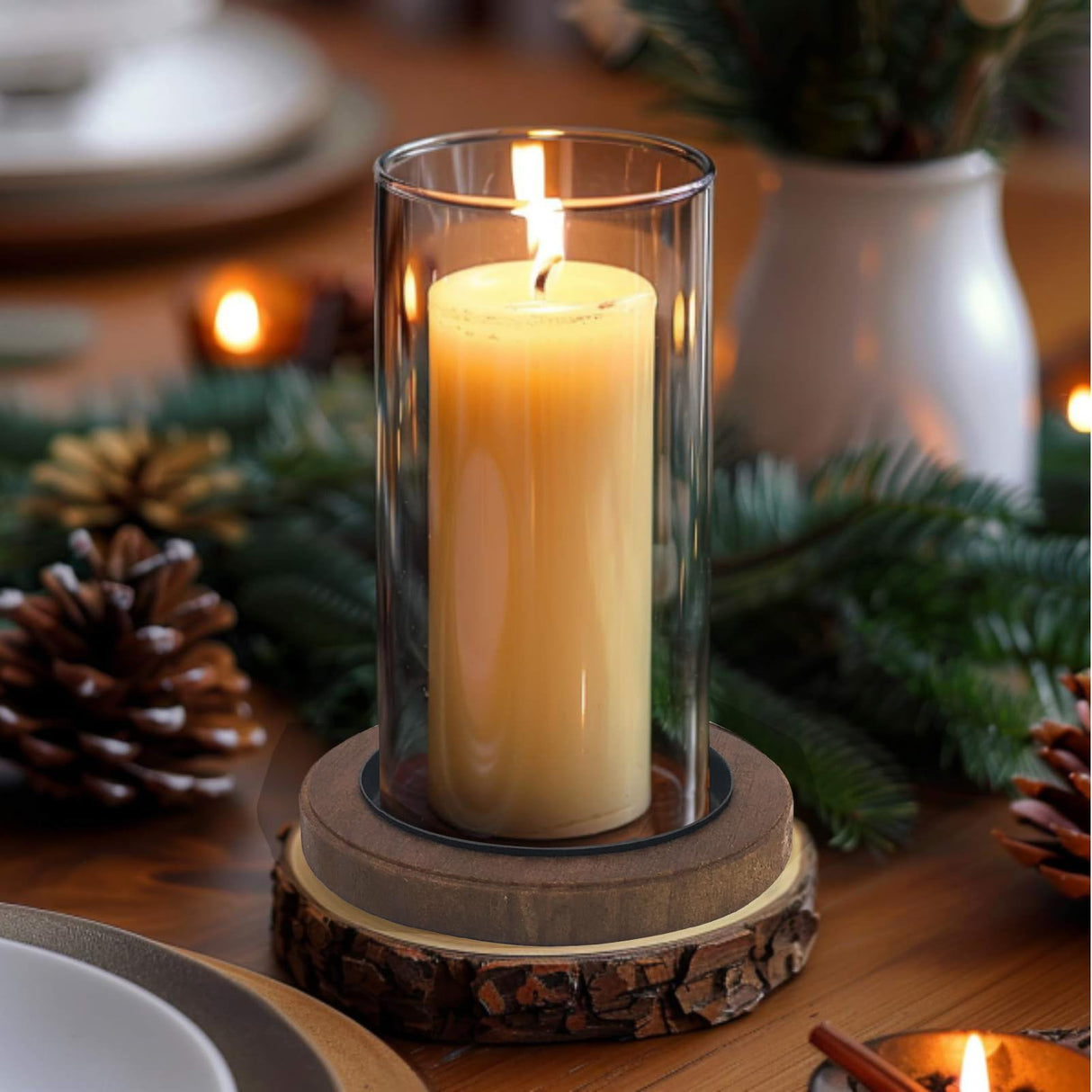 Candle Holder: Rustic Round Wooden Candle Tray for Cozy Home Farmhouse Decor, Set of 2 (Brown) QUALEONA