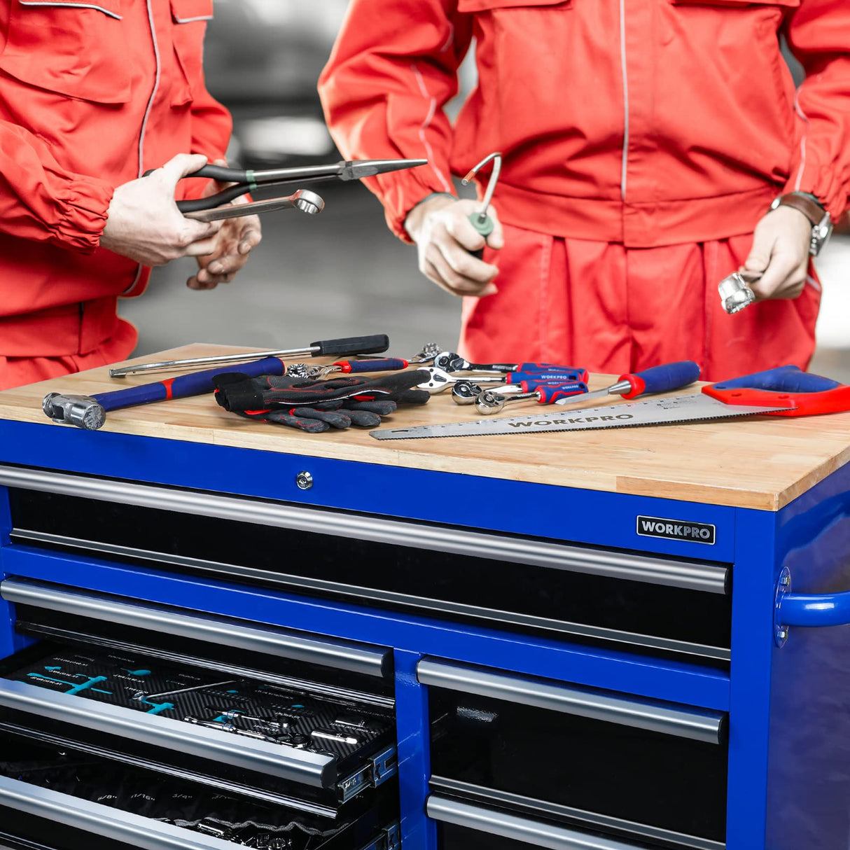 WORKPRO 42-Inch 7-Drawers Rolling Tool Chest, Mobile Tool Storage Cabinet with Wooden Top, Equipped with Casters, Handle, Drawer Liner, and Locking System, 1000 lbs Load Capacity WORKPRO