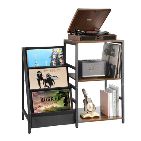 WCBSQX 3-Tier Record Player Stand with Vinyl Storage | Mid-Century Modern Turntable Stand & Album Storage Organizer, Space-Saving Vinyl Record Stand for Living Room, Bedroom (Black Ironwood Design) WCBSQX