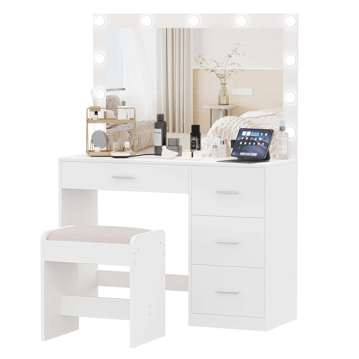 Irontar Makeup Vanity Table with Large Mirror, Vanity Desk with Stool and 11 LED Lights, Makeup Table with 4 Metal Sliding Drawers, Vanity Table Set with Bench for Women, White WDT002WD Irontar